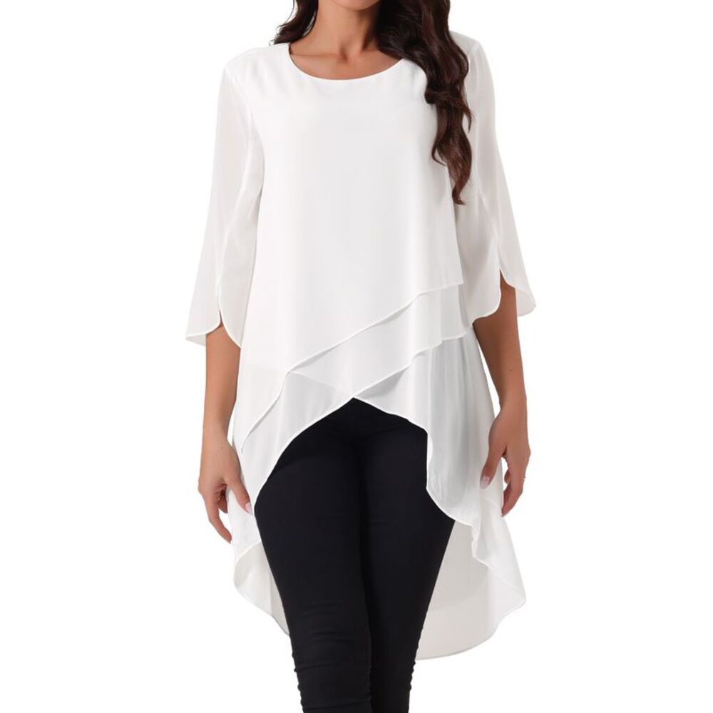 Scoop Neck Chiffon Blouse Asymmetrical Shirt 3/4 Sleeve Casual Tops White